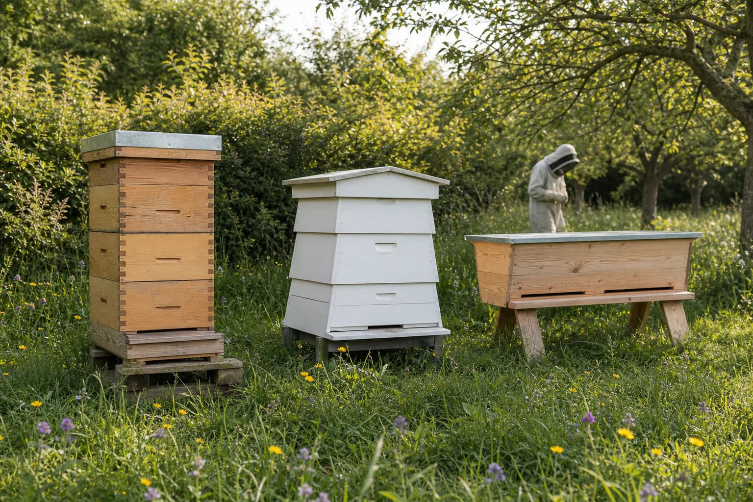 Three hive styles in a British orchard: a stacked wooden hive, a white WBC hive and a horizontal top-bar hive.