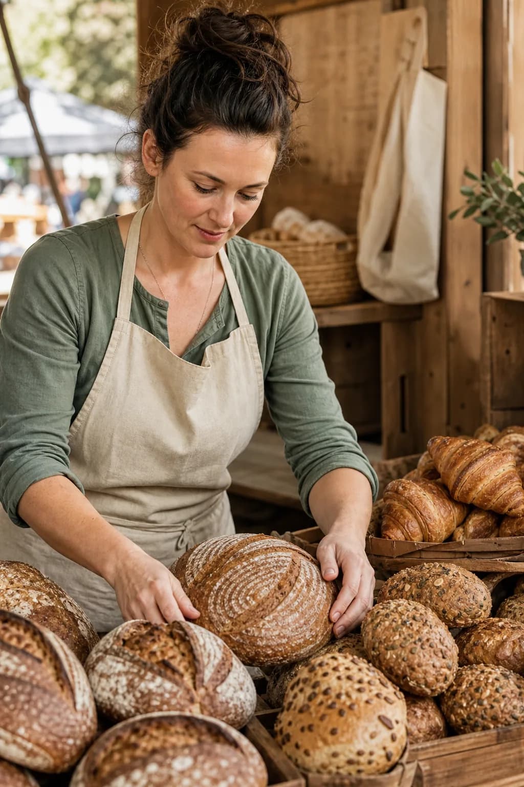 An independent baker preparing fresh bread and pastries in a working bakery.