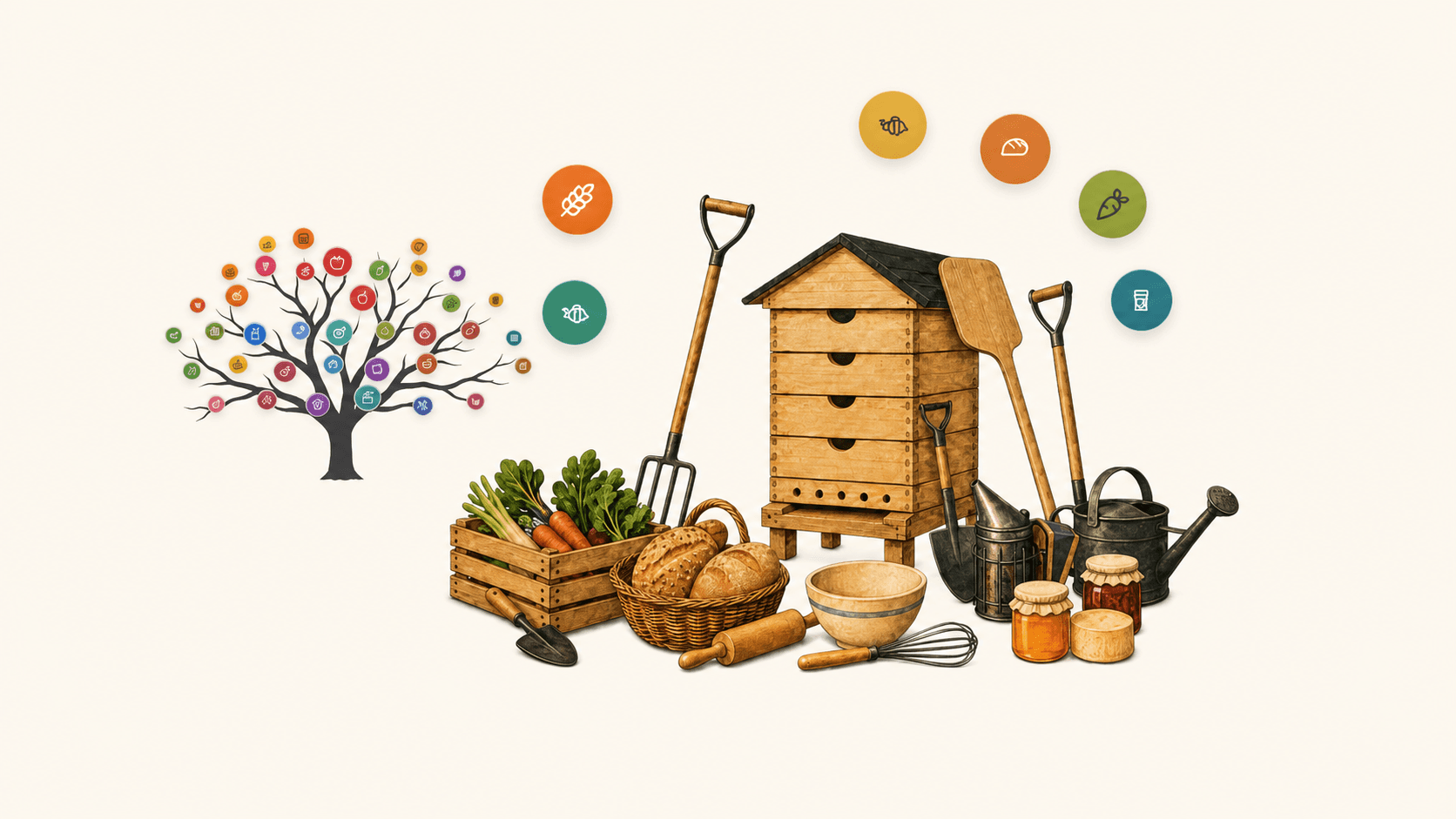 The foodforfolk vendor hero: a beehive, local produce, bread, preserves and maker's tools, with a small food-icon tree and colourful category icons above.